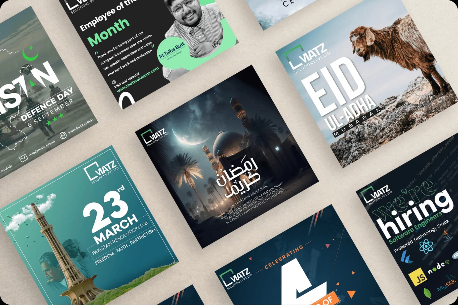 Social media post design set Social media post designs showing feed graphics and carousel layouts in a consistent brand style