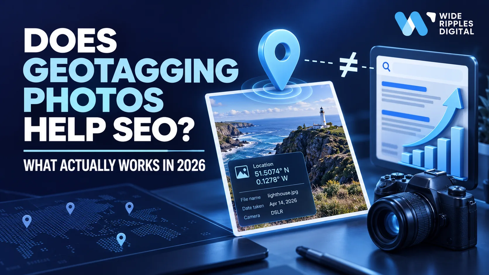 Does geotagging photos help SEO: a geotagged photo with GPS coordinates next to a search results page, marked not equal