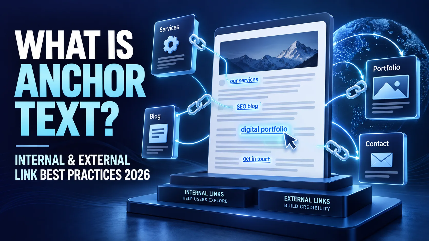 What is anchor text: a web page with linked phrases pointing to services, blog, portfolio and contact pages, labelled internal and external link best practices 2026