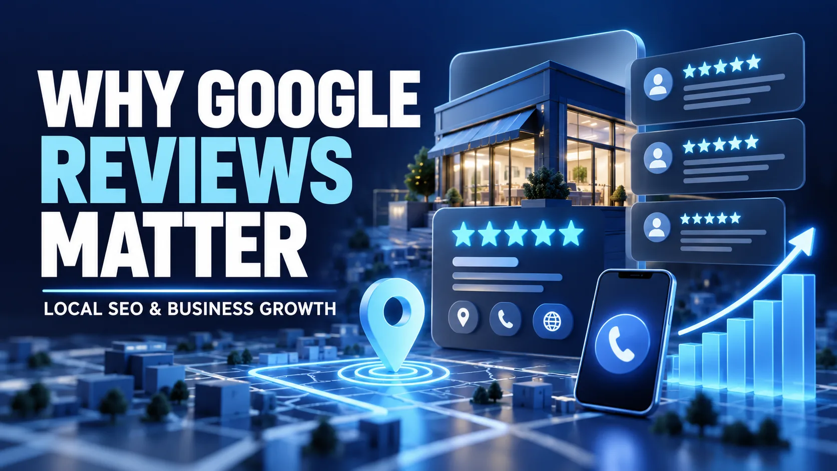 Why Google reviews matter for local SEO and business growth: a storefront with five star review cards, a map pin, a phone call button and a rising growth chart