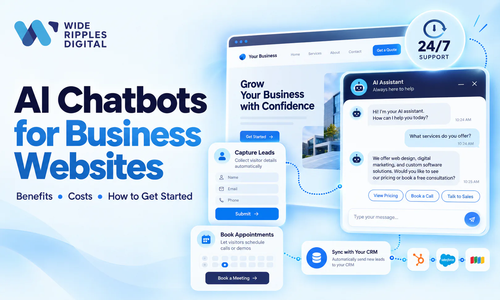 AI chatbots for business websites: benefits, costs and how to get started, including 24/7 support, lead capture, appointment booking and CRM integration