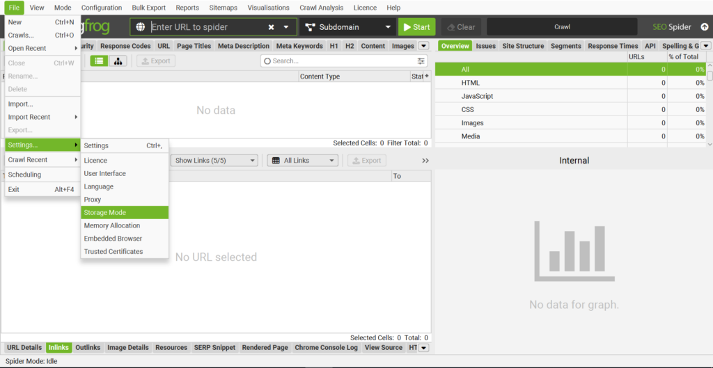 memory storage setup screaming frog for seo