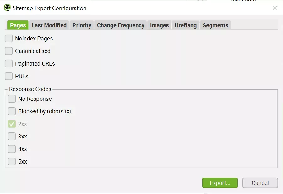 Sitemap options in screaming frog