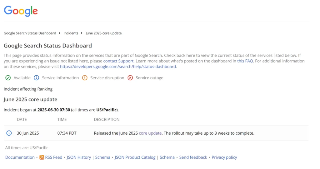 google search status dashboard for june 2025 core update