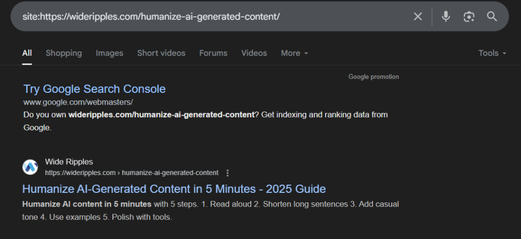 checck if page is indexed with search operator