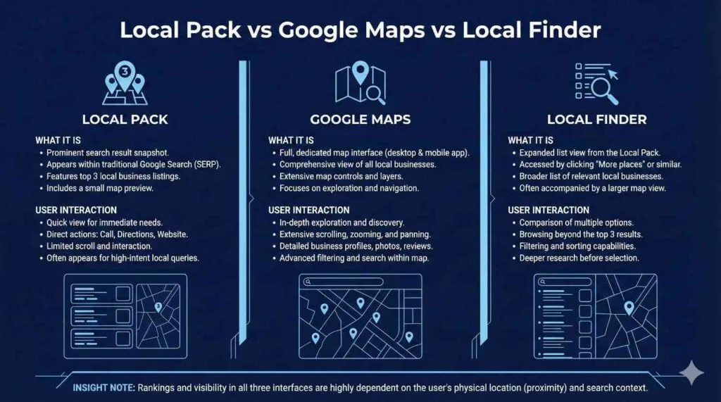 Difference between Local Pack vs Maps vs The Local Finder