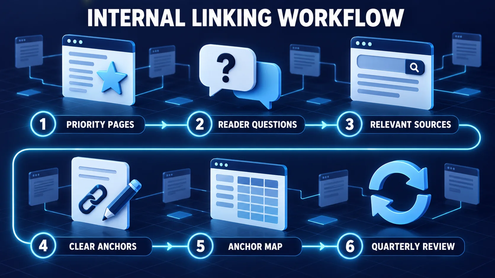 Internal linking workflow in six steps: priority pages, reader questions, relevant sources, clear anchors, anchor map and quarterly review