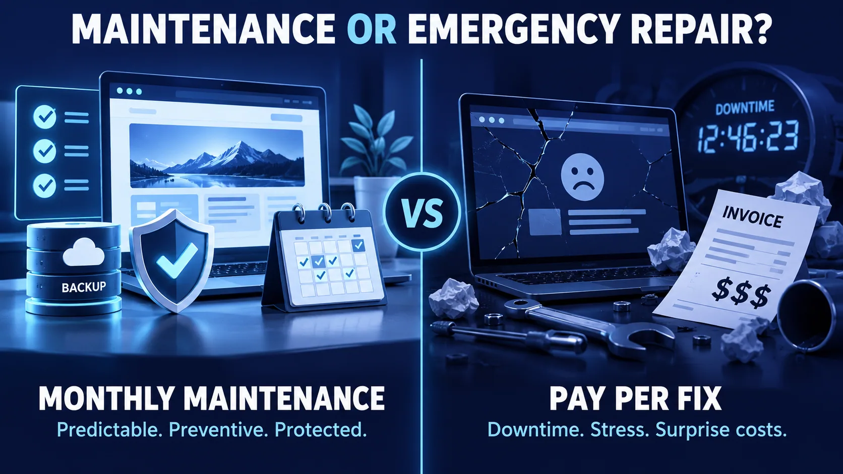 Monthly website maintenance, predictable, preventive and protected, compared with paying per fix, which means downtime, stress and surprise costs