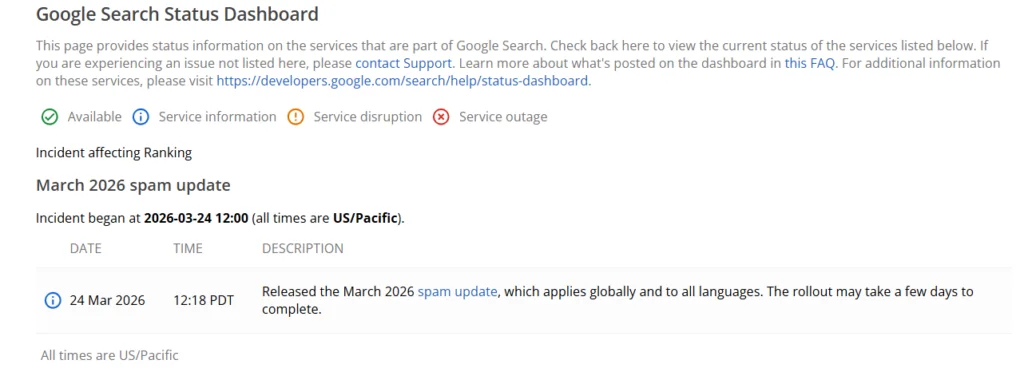 google search status dashboard